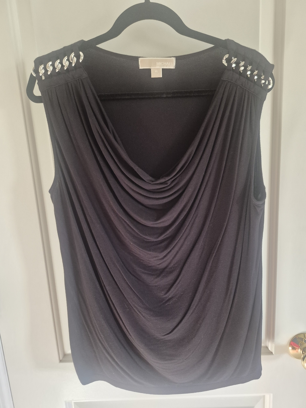 Michael Kors Black Draped Cowl Neck Sleeveless Top with Silver Chain Accents